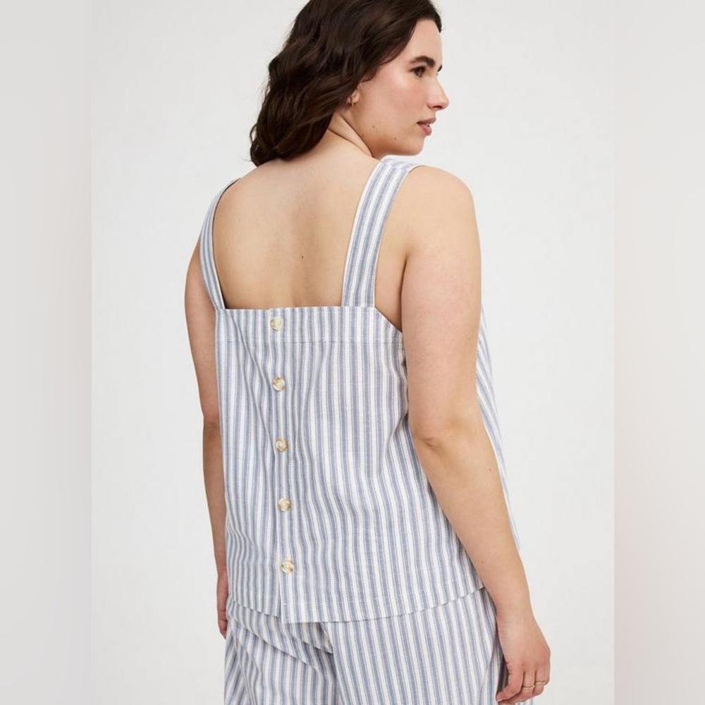 Torrid Blue and White Striped Beach Linen Square Neck Button Back Top NWT